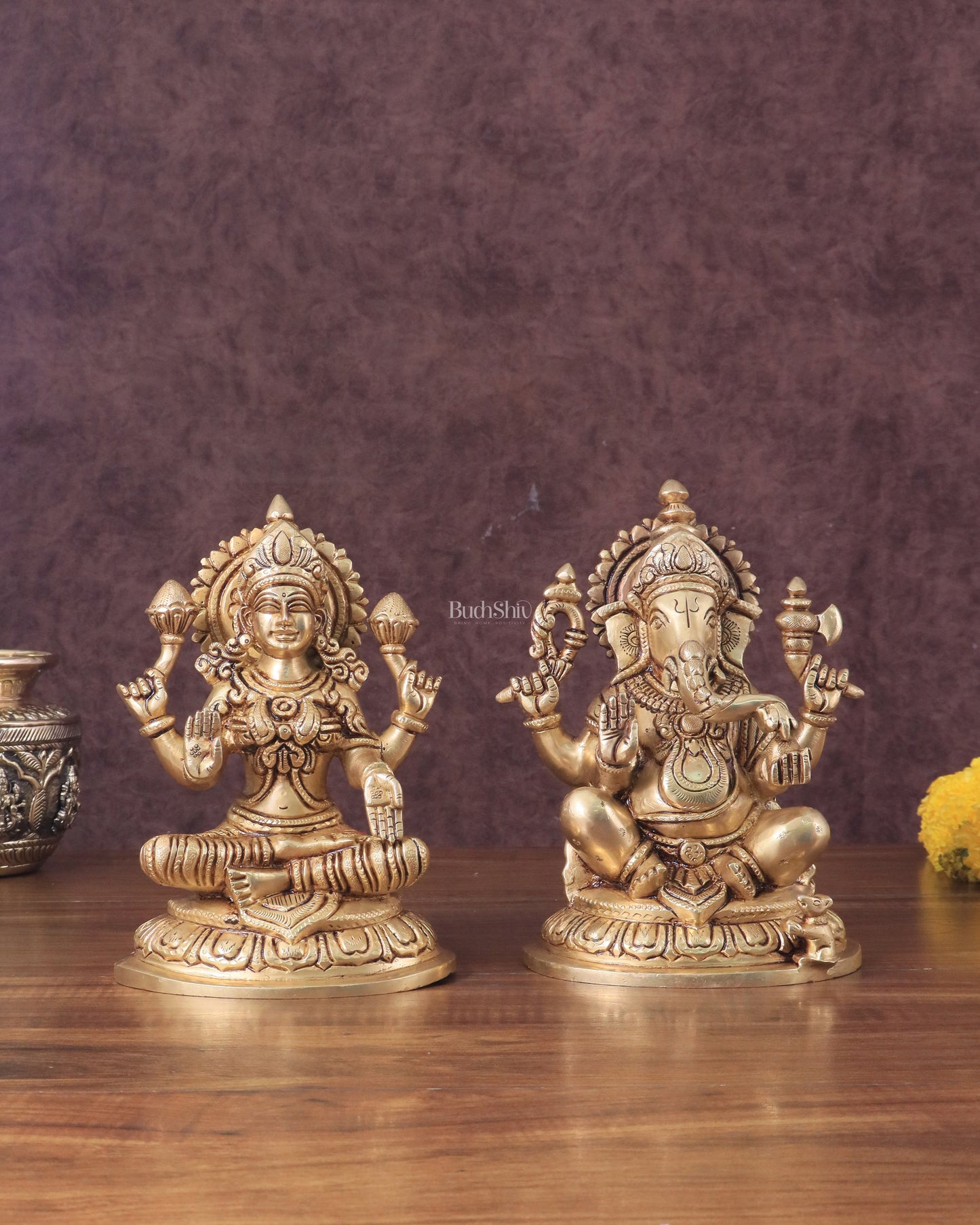 Pure Brass Ganesha and Lakshmi Idols Set - Intricate Detailing, 7.5"