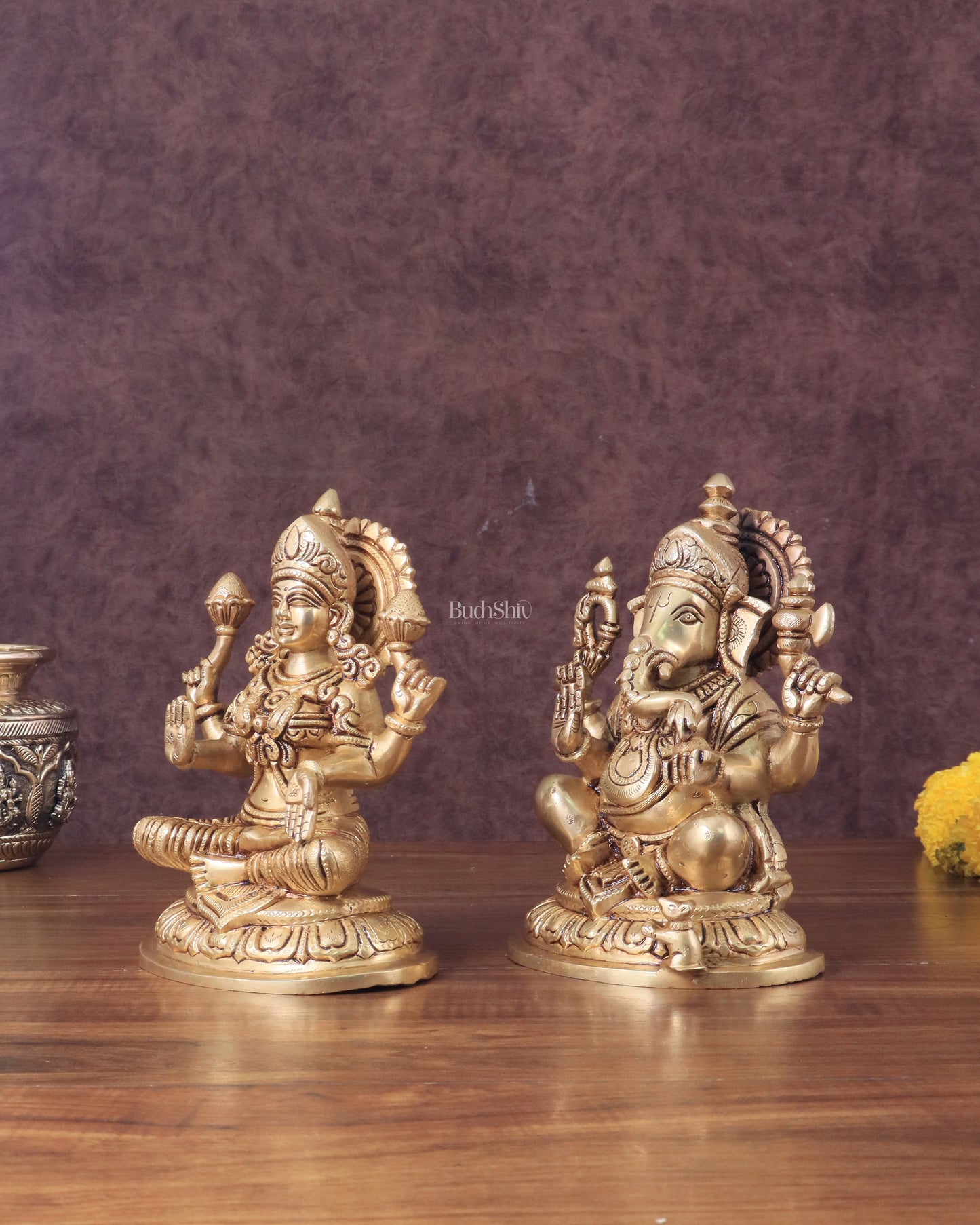 Pure Brass Ganesha and Lakshmi Idols Set - Intricate Detailing, 7.5"