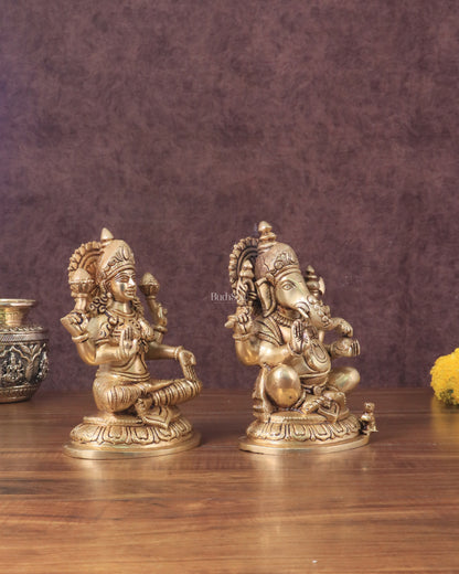 Pure Brass Ganesha and Lakshmi Idols Set - Intricate Detailing, 7.5"