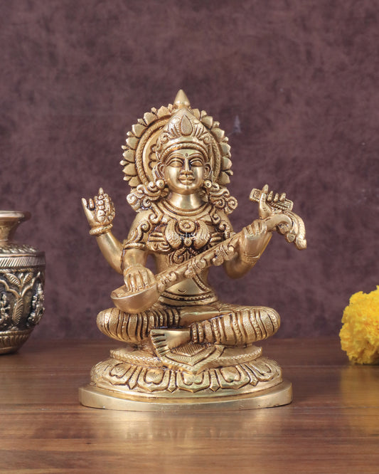 Pure Brass Saraswati Idol - 7.5" Height