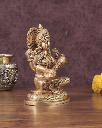 Pure Brass Saraswati Idol - 7.5" Height