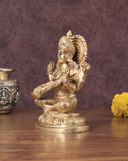 Pure Brass Saraswati Idol - 7.5" Height