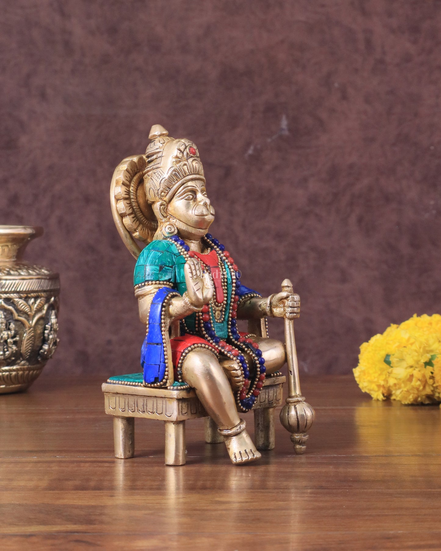 Brass Sitting Lord Hanuman Statue - 6 Inch meenakari