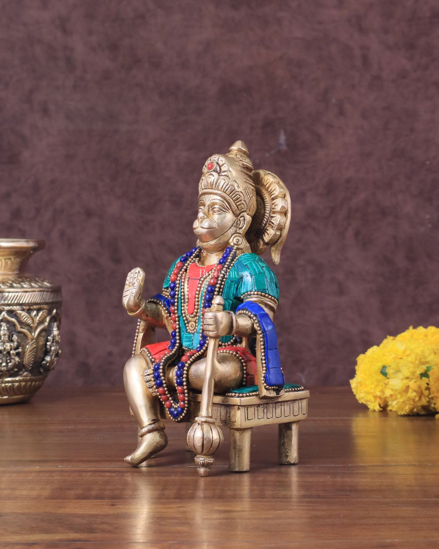 Brass Sitting Lord Hanuman Statue - 6 Inch meenakari