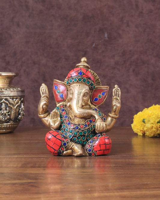 Ganesha brass idol colourful meenakari 6"