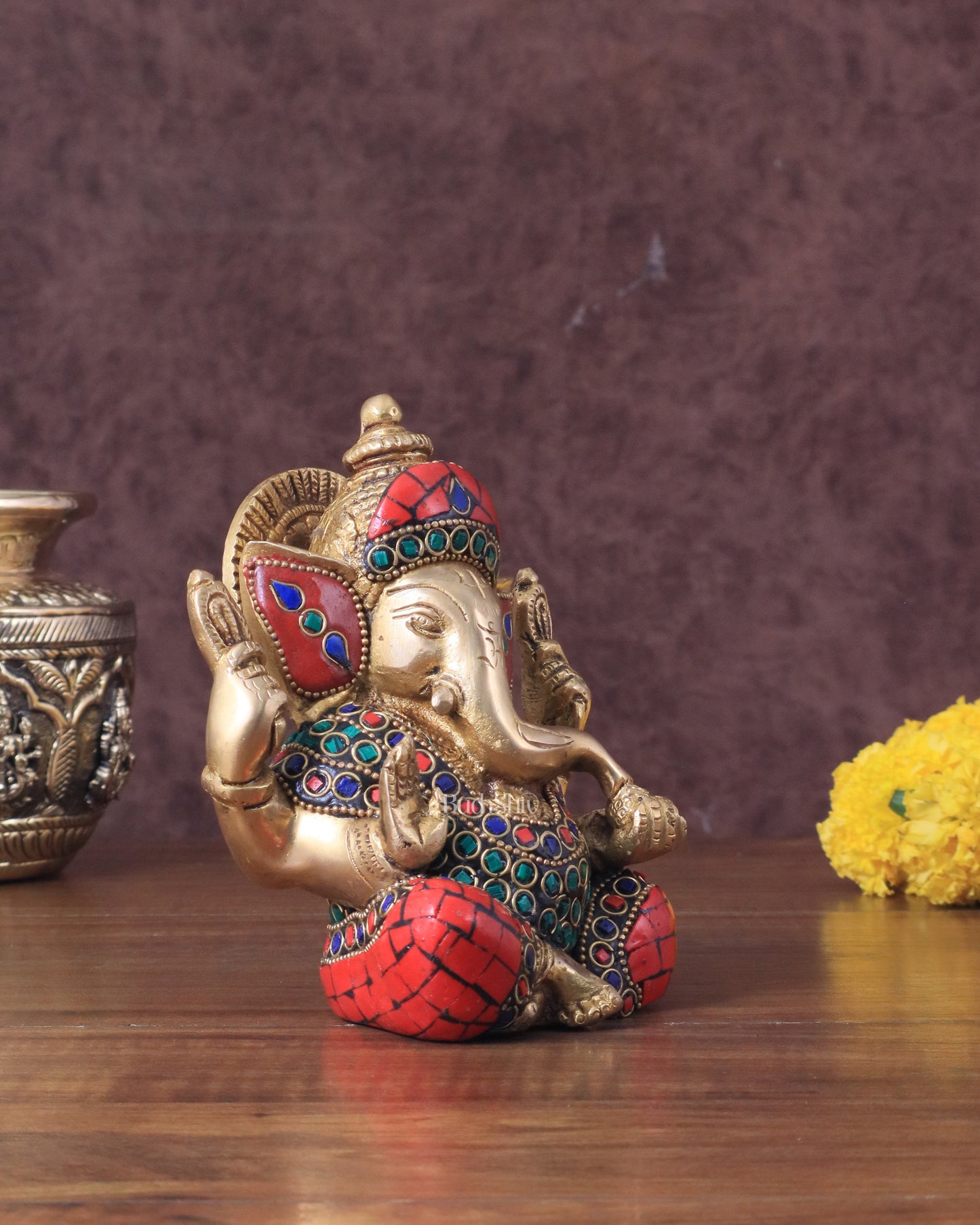 Ganesha brass idol colourful meenakari 6"