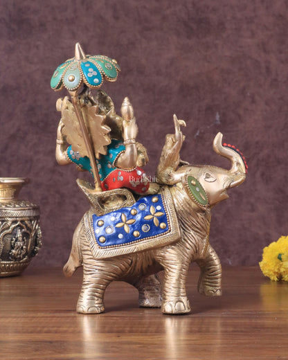 Lord Ganesha sitting on elephant meenakari brass statue