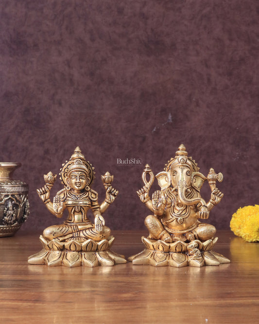 Pure Brass Ganesha and Lakshmi on Lotus Base Idol Set - 5.5"