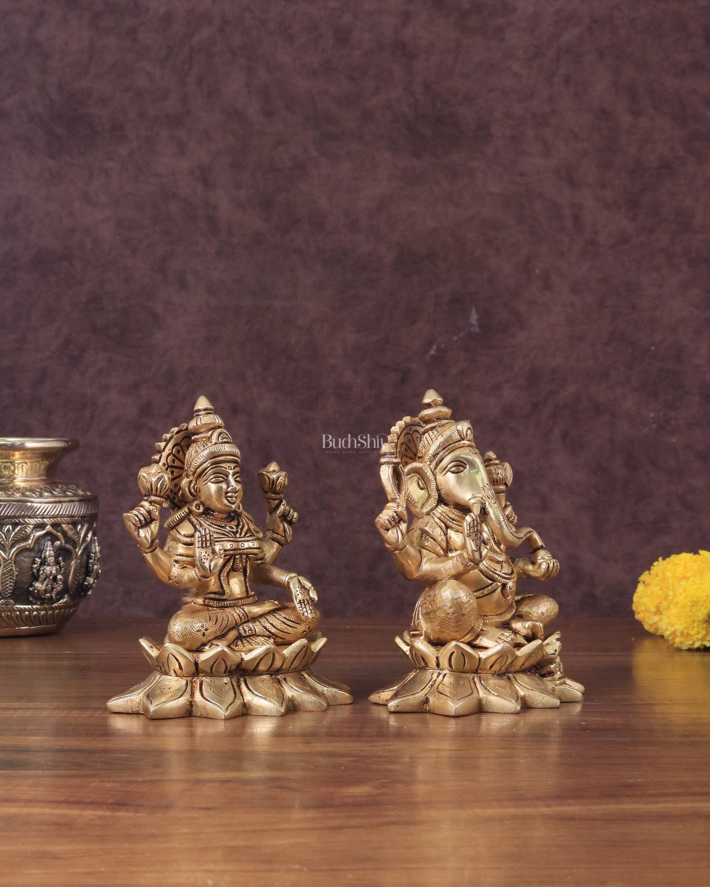 Pure Brass Ganesha and Lakshmi on Lotus Base Idol Set - 5.5"