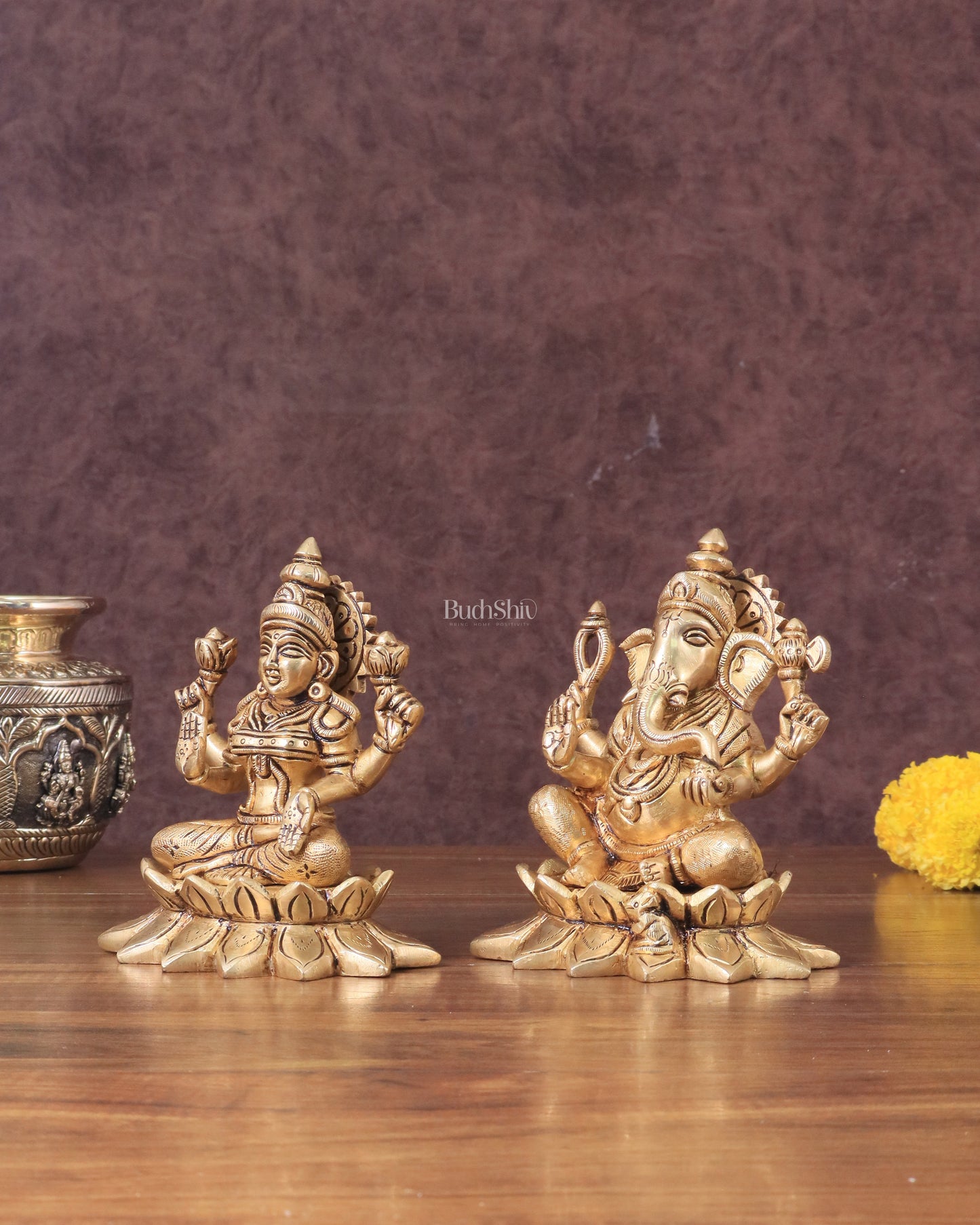 Pure Brass Ganesha and Lakshmi on Lotus Base Idol Set - 5.5"