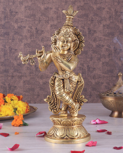 Brass Superfine Unique Lord Krishna Playing the Flute Idol 12"