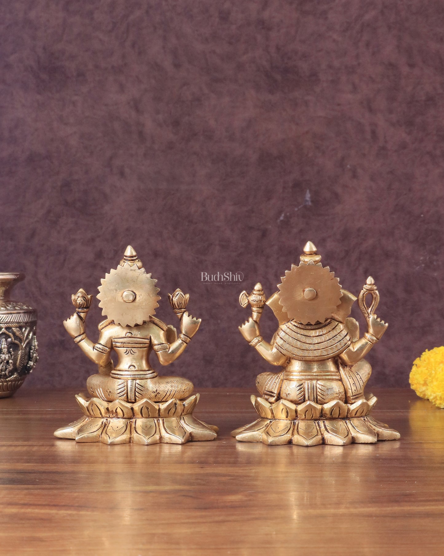 Pure Brass Ganesha and Lakshmi on Lotus Base Idol Set - 5.5"