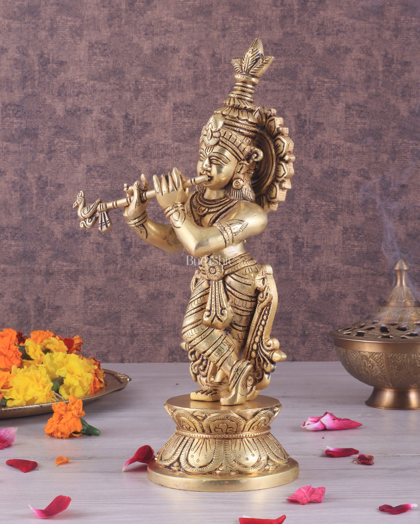 Brass Superfine Unique Lord Krishna Playing the Flute Idol 12"