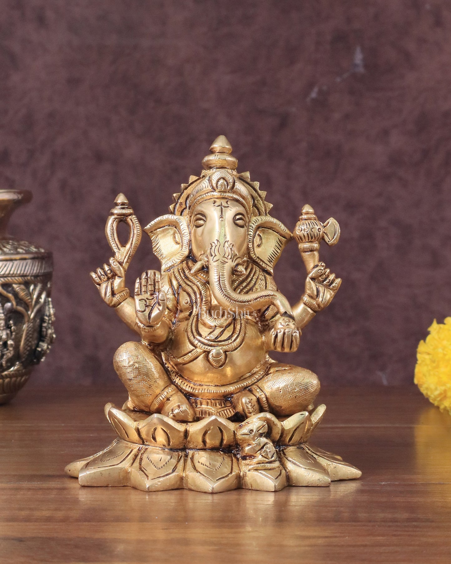 Pure Brass Ganesha in Lotus Base Idol - 5.5"