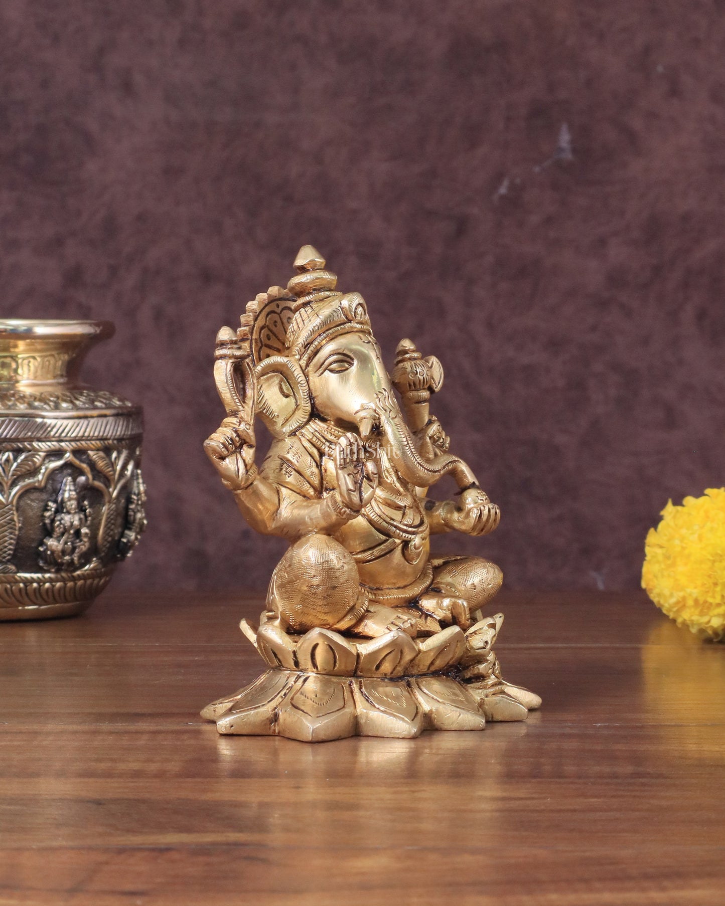 Pure Brass Ganesha in Lotus Base Idol - 5.5"