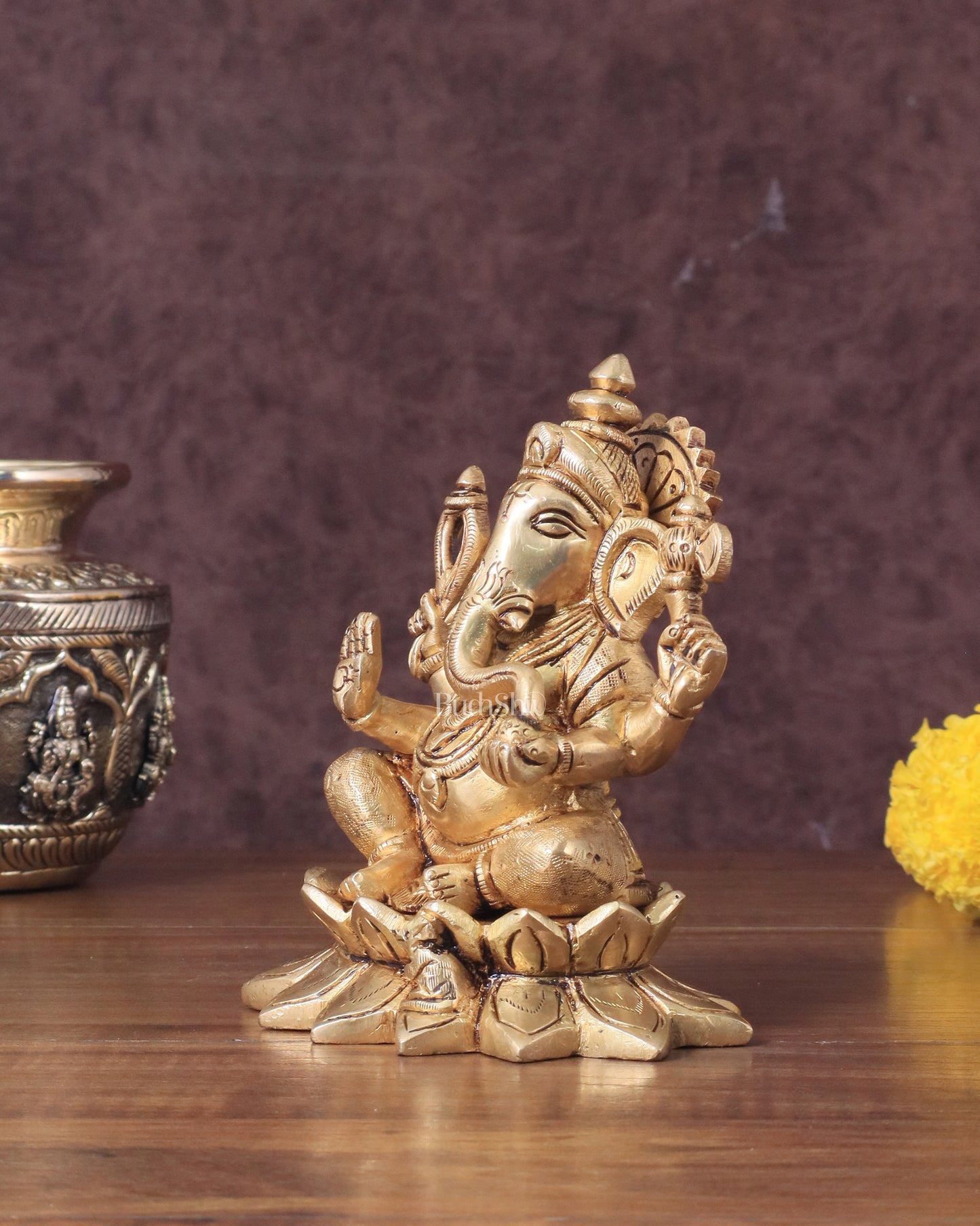 Pure Brass Ganesha in Lotus Base Idol - 5.5"