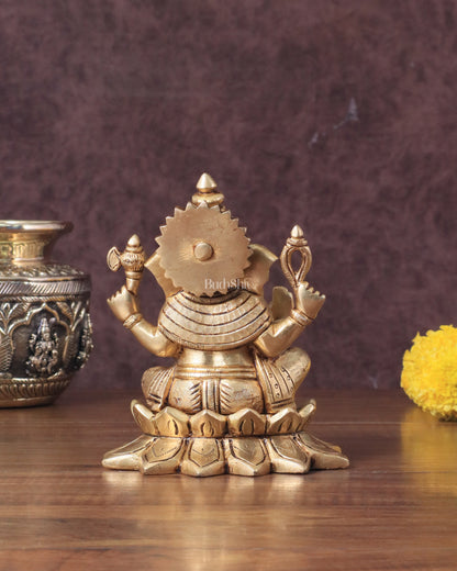 Pure Brass Ganesha in Lotus Base Idol - 5.5"