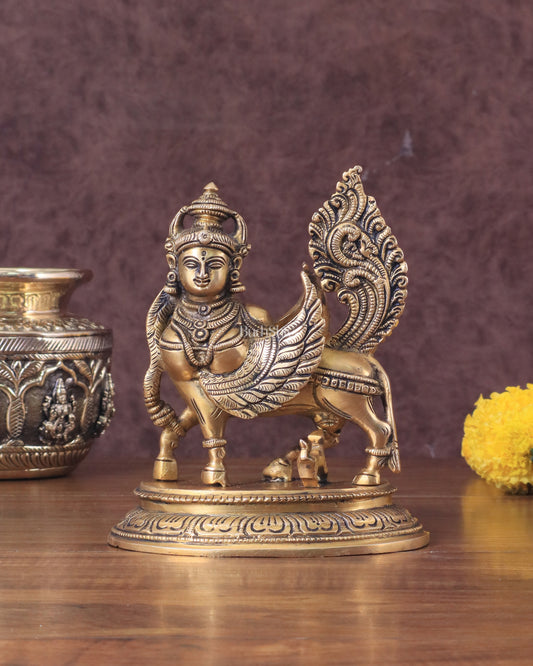 Brass Superfine Kamdhenu Cow with Calf Idol - Gold Finish, Divine Symbol of Abundance