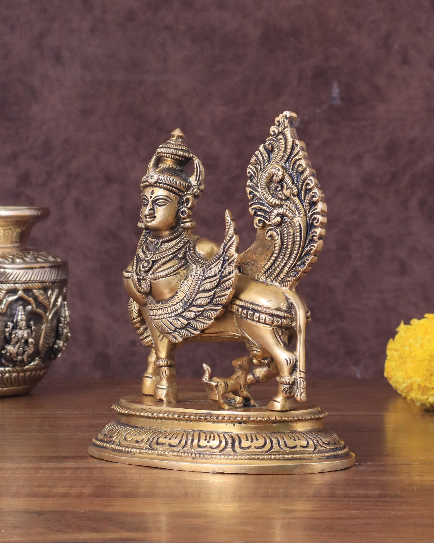 Brass Superfine Kamdhenu Cow with Calf Idol - Gold Finish, Divine Symbol of Abundance