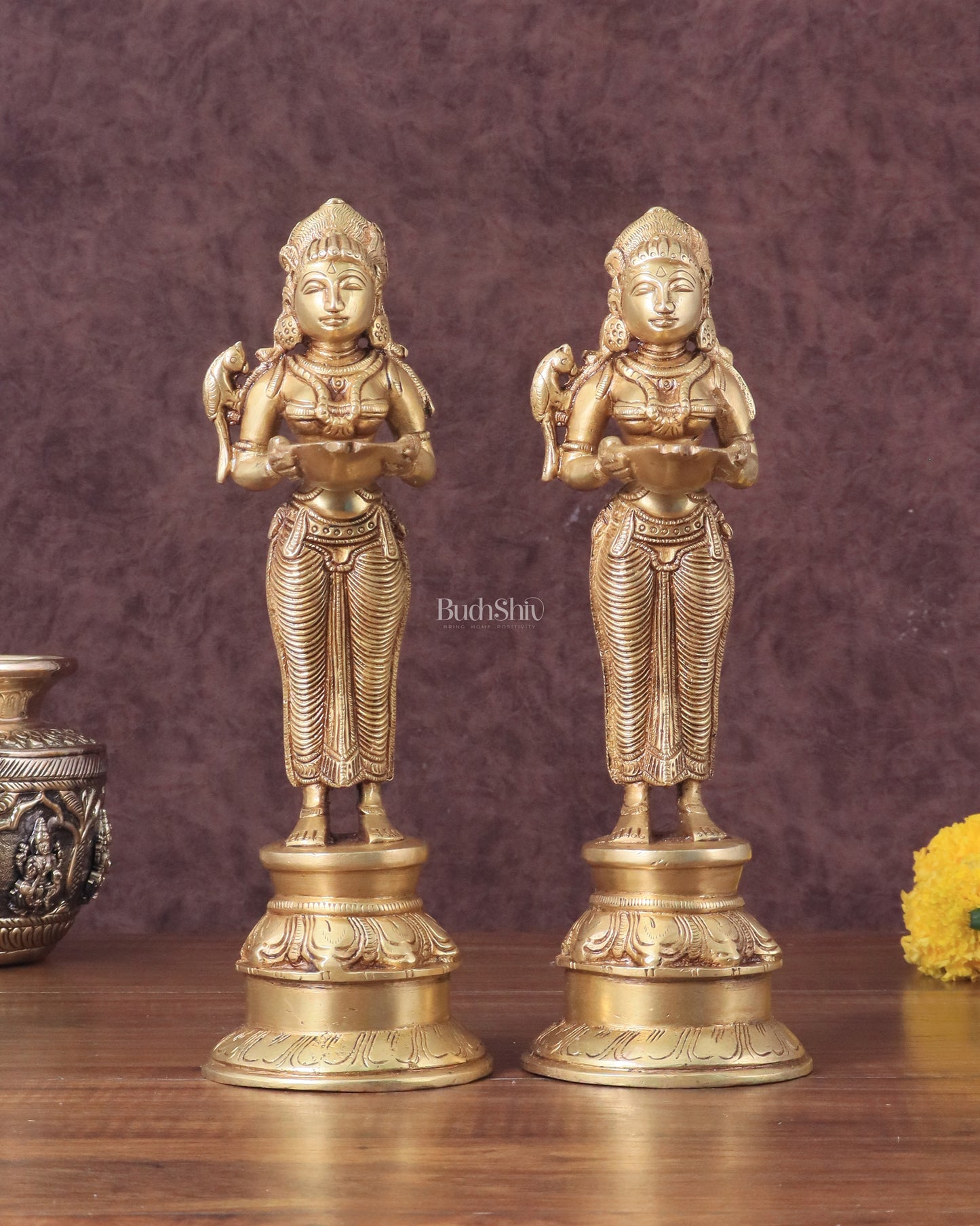 Pure Brass Deep Lady Oil Lamp Pair - Paavai Vilakku, 10"