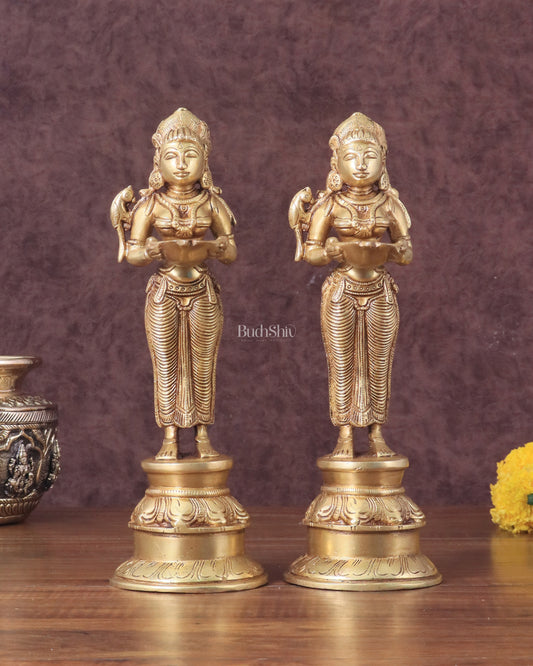 Pure Brass Deep Lady Oil Lamp Pair - Paavai Vilakku, 10"