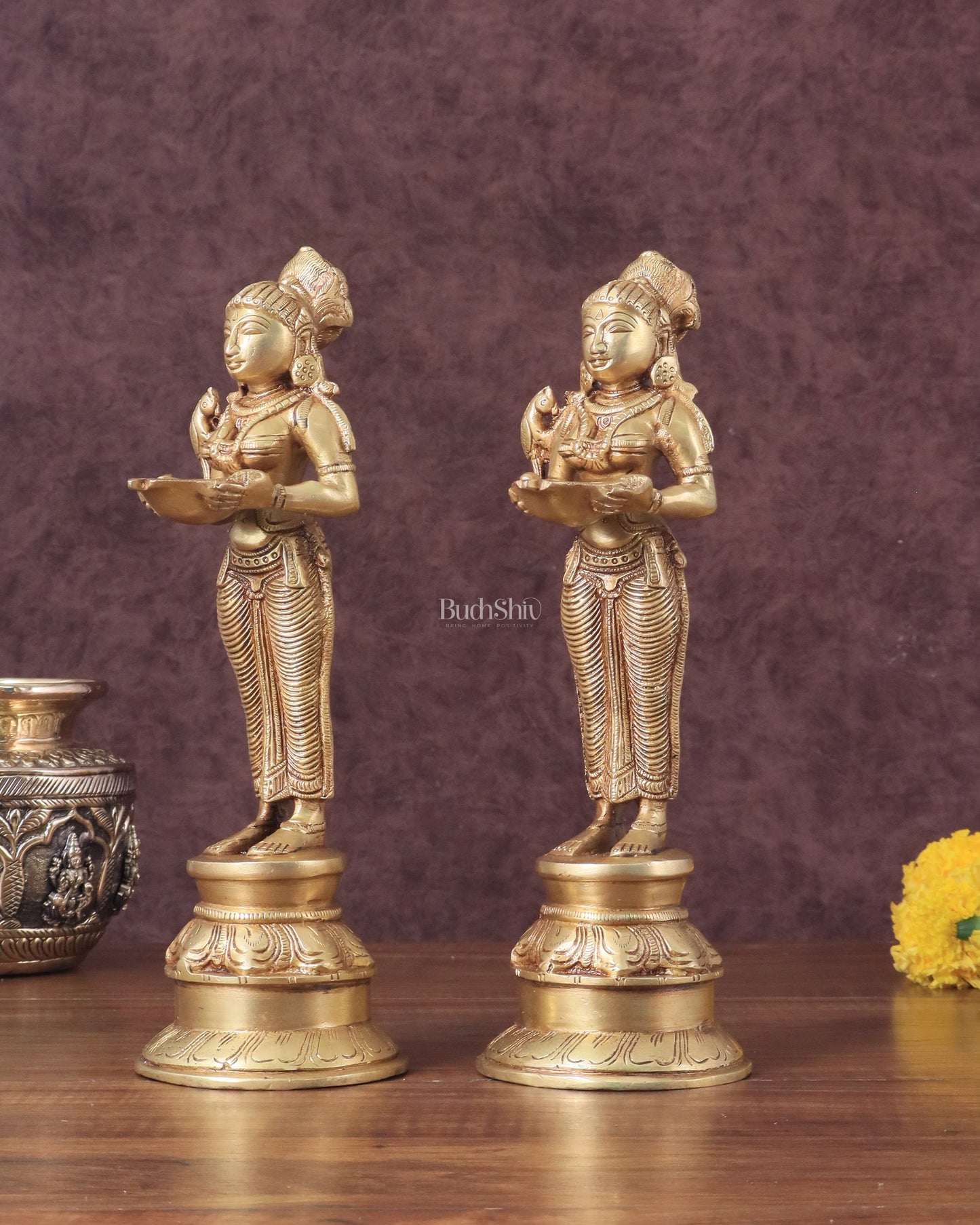 Pure Brass Deep Lady Oil Lamp Pair - Paavai Vilakku, 10"