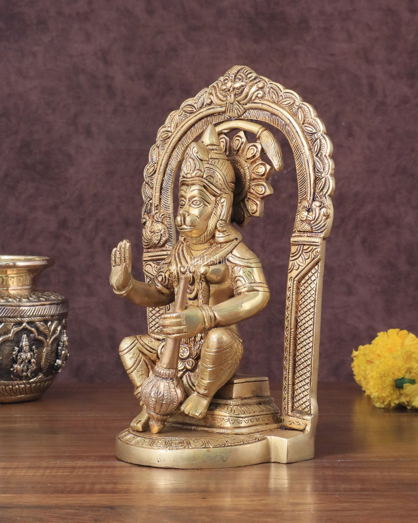 Pure Brass Lord Hanuman Seated on Throne Idol - 8"