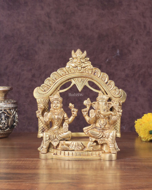 Pure Brass Lord Ganesha and Lakshmi Seated Together Statue - 7"