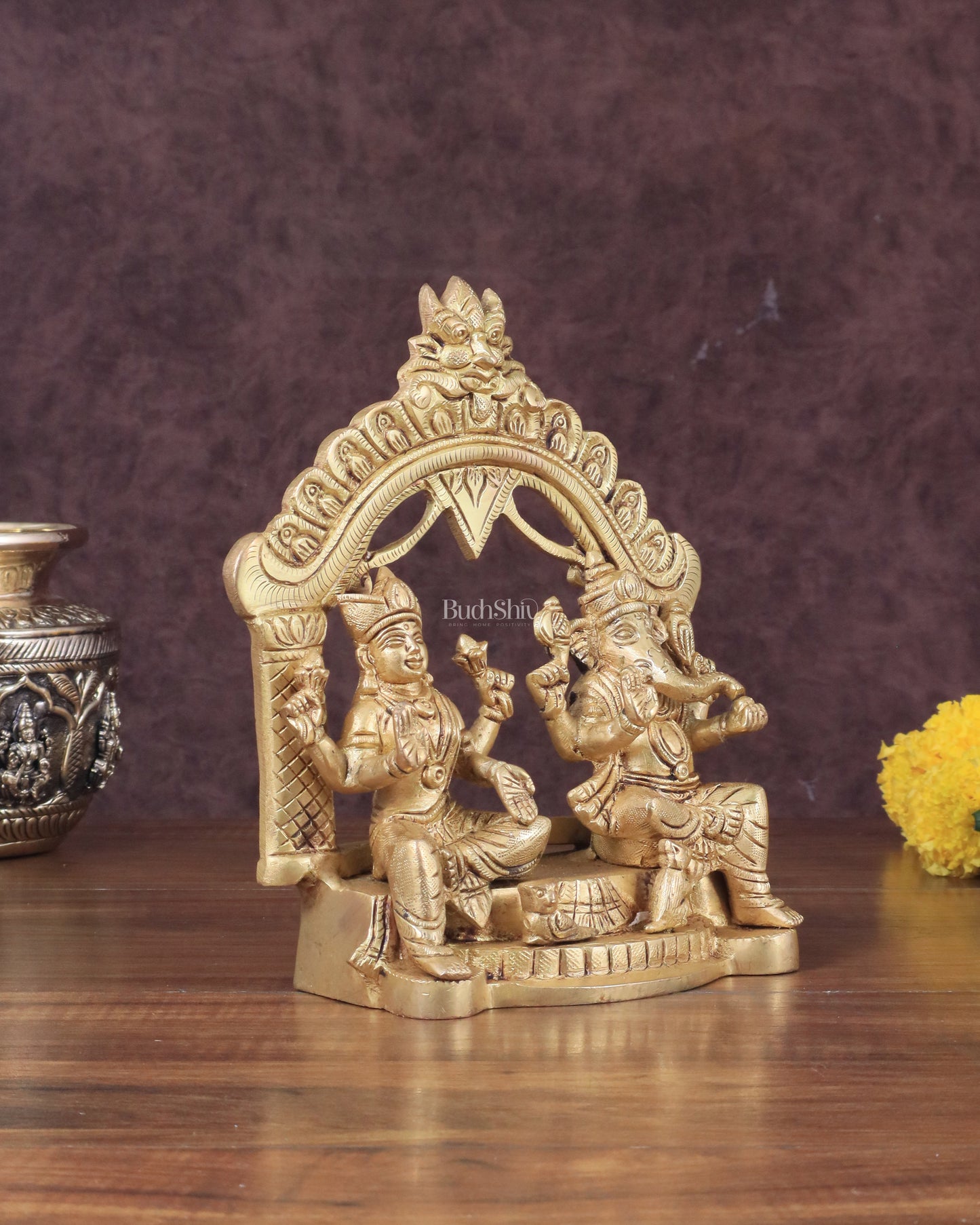 Pure Brass Lord Ganesha and Lakshmi Seated Together Statue - 7"