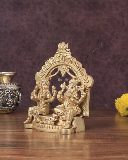 Pure Brass Lord Ganesha and Lakshmi Seated Together Statue - 7"