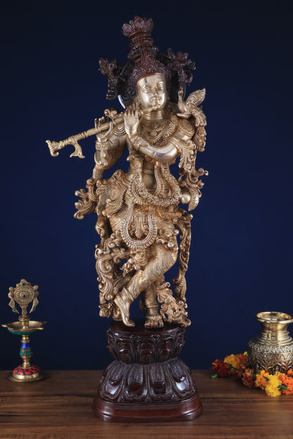 Brass Handcrafted Krishna Statue 30 inch dual tone