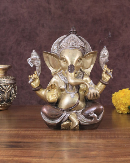 Brass Ganesha Idol with Sharp Features - 8 Inch three tone