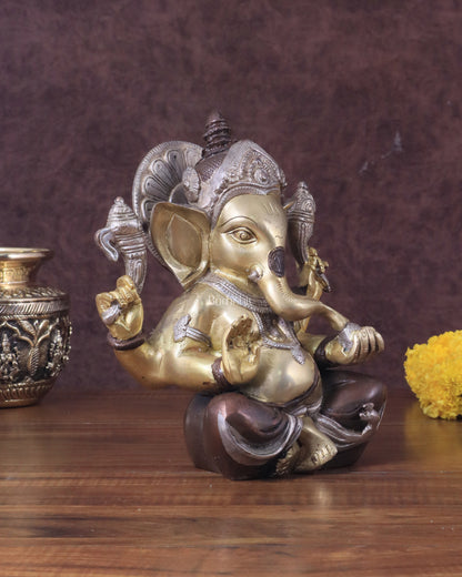 Brass Ganesha Idol with Sharp Features - 8 Inch three tone