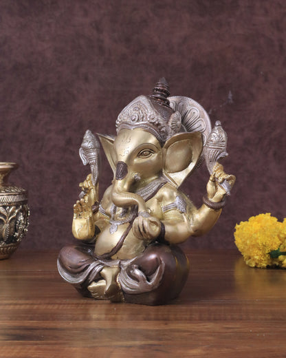 Brass Ganesha Idol with Sharp Features - 8 Inch three tone