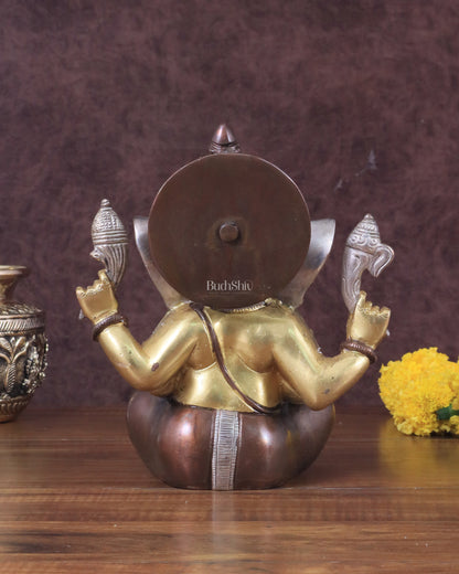 Brass Ganesha Idol with Sharp Features - 8 Inch three tone