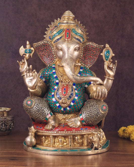 Pure Brass Large Ganesha Statue with Meenakari Stonework and Ashtavinayak Carvings - 22"