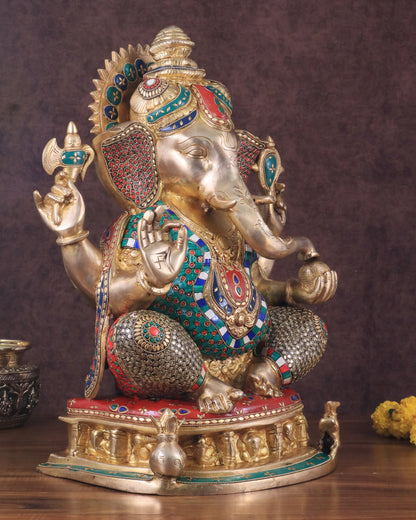 Pure Brass Large Ganesha Statue with Meenakari Stonework and Ashtavinayak Carvings - 22"