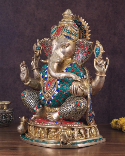 Pure Brass Large Ganesha Statue with Meenakari Stonework and Ashtavinayak Carvings - 22"