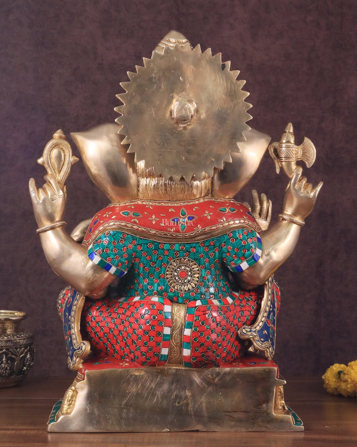 Pure Brass Large Ganesha Statue with Meenakari Stonework and Ashtavinayak Carvings - 22"