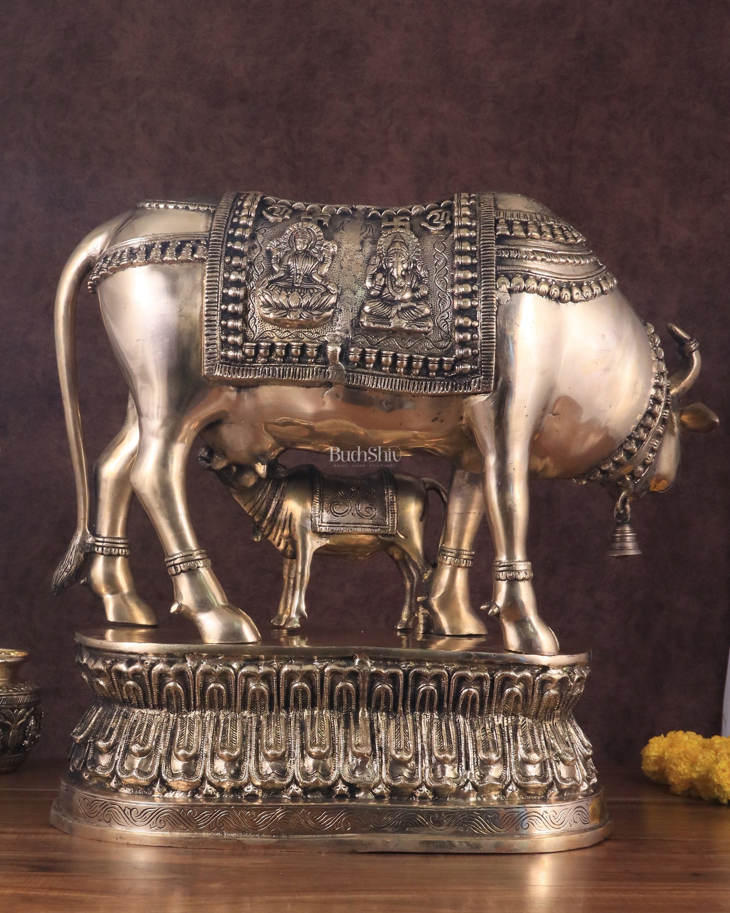 Brass Large Kamadhenu Cow with Calf Idol - 22 Inch Antique Charm