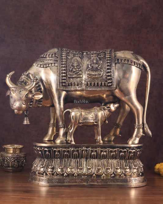 Brass Large Kamadhenu Cow with Calf Idol - 22 Inch Antique Charm