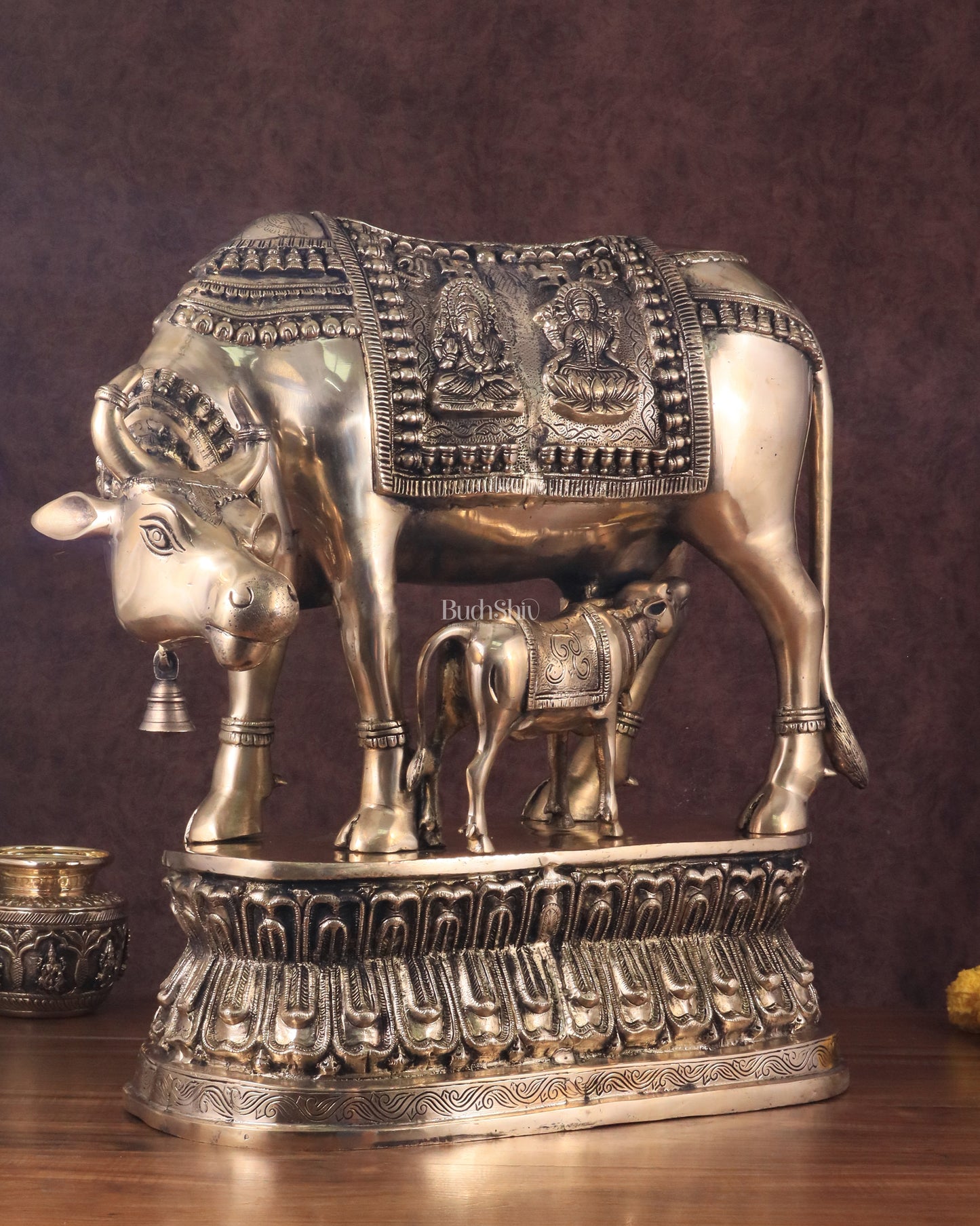 Brass Large Kamadhenu Cow with Calf Idol - 22 Inch Antique Charm