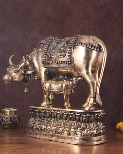 Brass Large Kamadhenu Cow with Calf Idol - 22 Inch Antique Charm