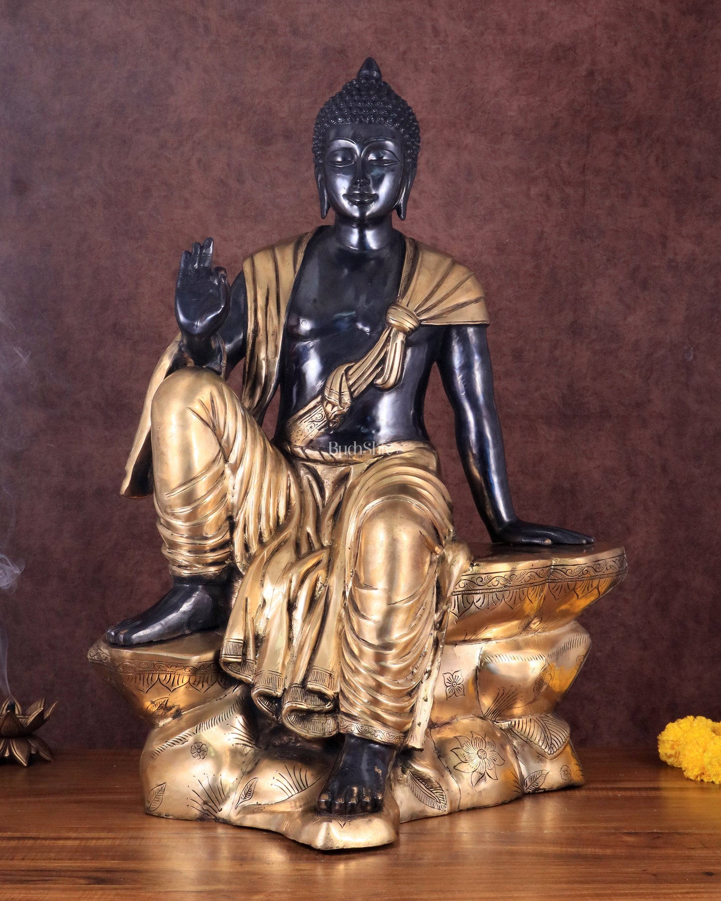 Brass Buddha Sitting Statue with Black Heat-Treated Finish - 30"