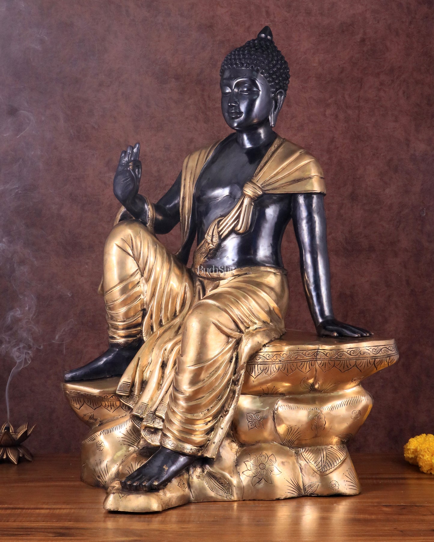 Brass Buddha Sitting Statue with Black Heat-Treated Finish - 30"