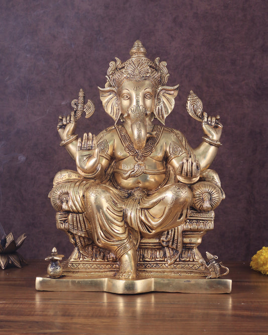 Ganesha Pure Brass Superfine Seated on Throne Statue - 18"