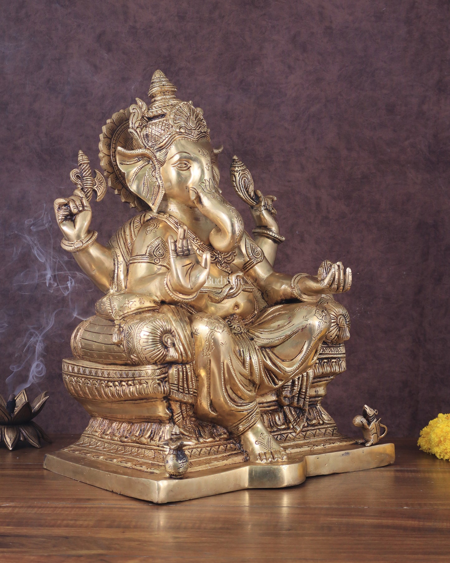 Ganesha Pure Brass Superfine Seated on Throne Statue - 18"