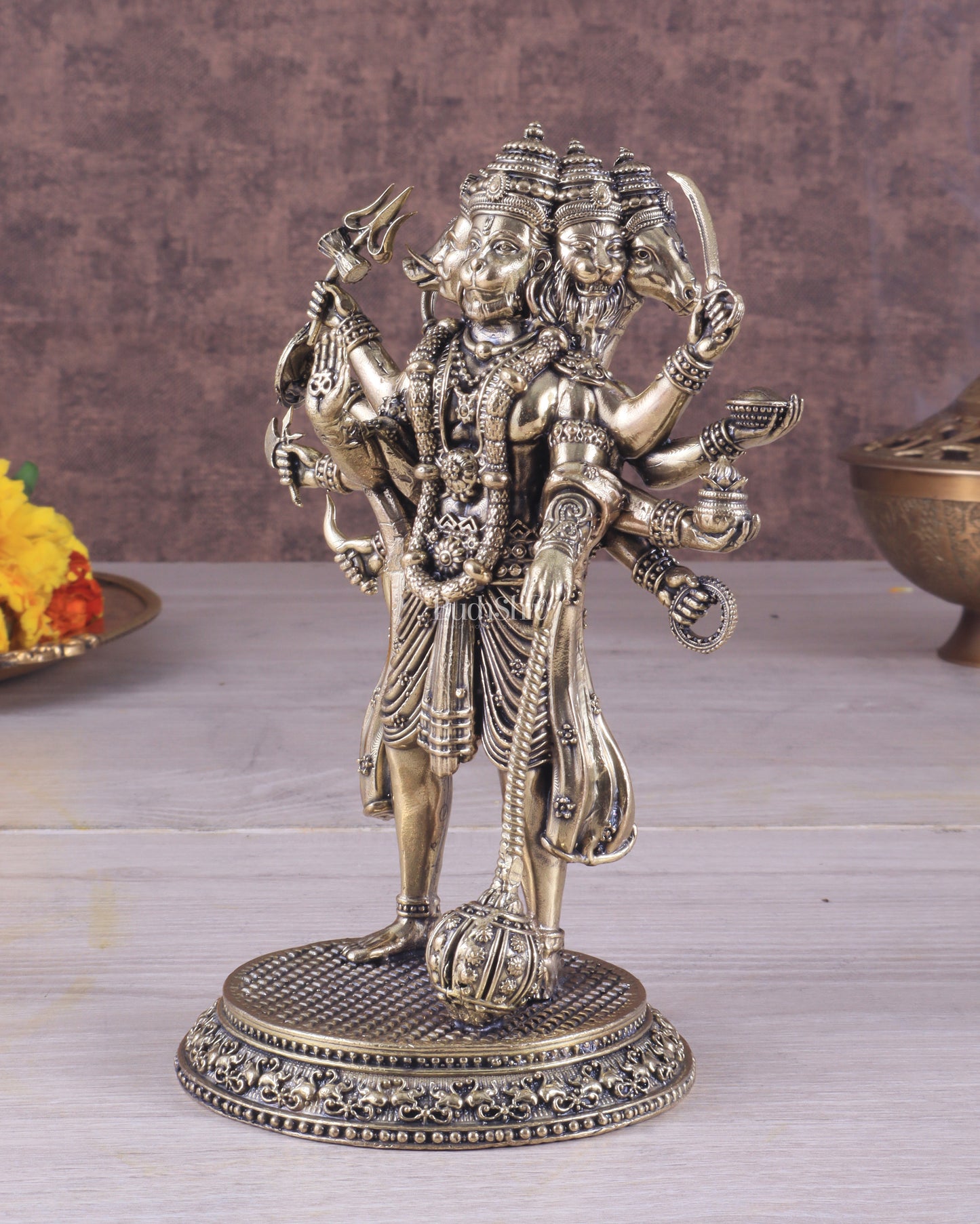 Pure Brass Superfine Standing Panchmukhi Hanuman Idol 6.5"