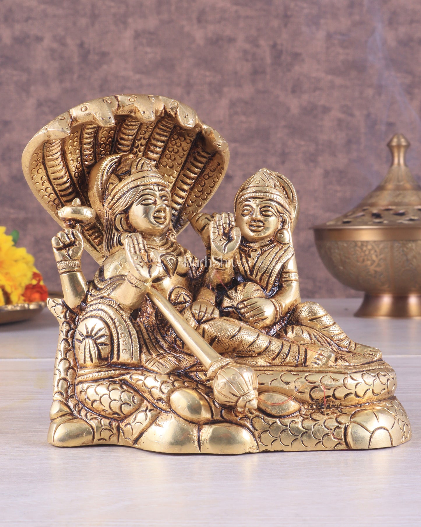 Brass Superfine Resting Lord Vishnu with Lakshmi Idol | Lakshmi Narayan with Sheshnaag