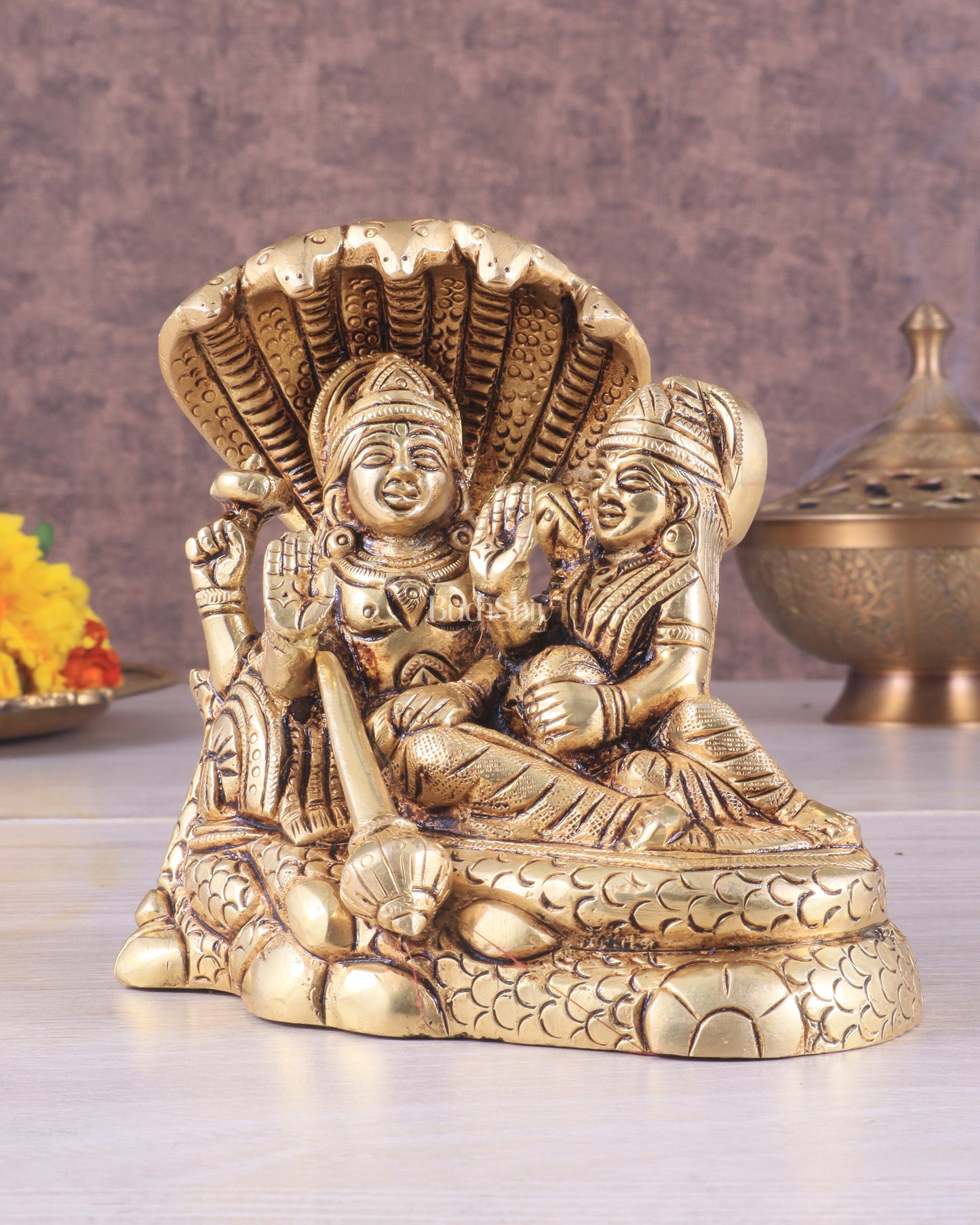 Brass Superfine Resting Lord Vishnu with Lakshmi Idol | Lakshmi Narayan with Sheshnaag